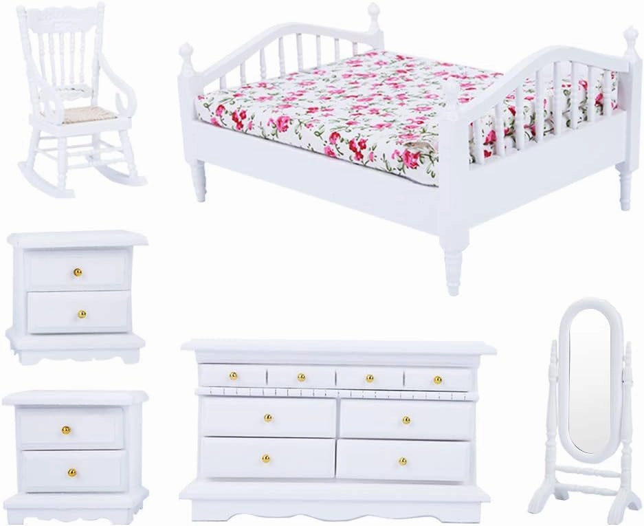 1:12 Scale Dollhouse Furniture, 6pcs Mini Wooden White Bedroom Furniture Set, for Gifts Toys Home Landscape Decoration Photo Props