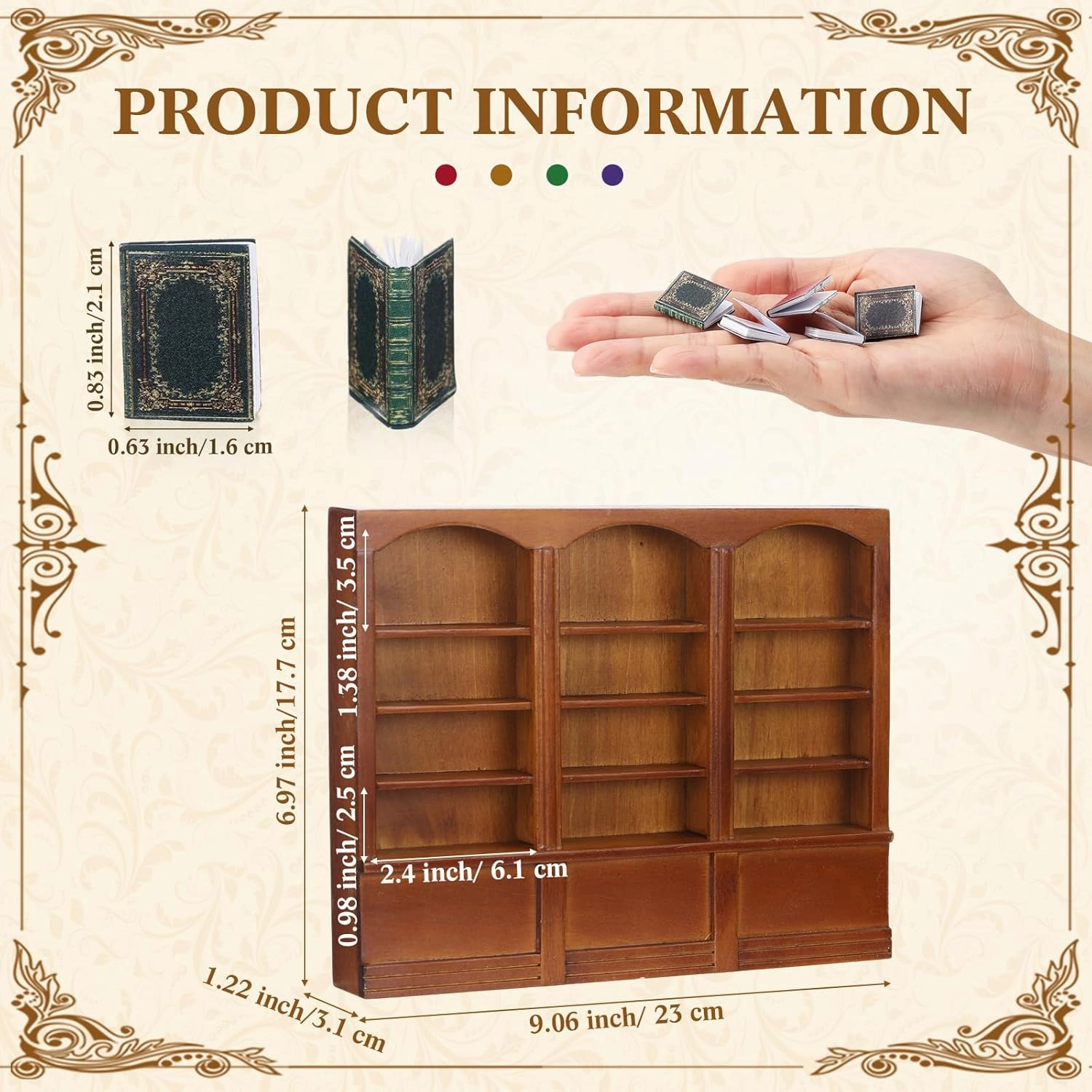 1:12 Scale Dollhouse Miniature Wooden Bookshelf with 48 Pcs Miniatures Books, Mini Bookcase Mini Library Furniture Gift(Brown)