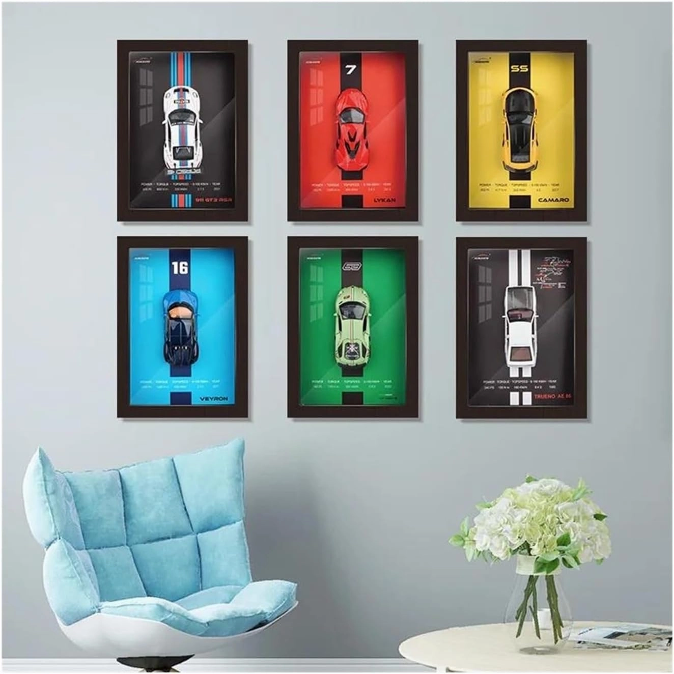 1:32 for 911 LP780-4 Veyron Camaro AE86 Lykan Photo Frame Hanging Painting Alloy Car Model 3D Stereoscopic Die-Cast Car(Yellow)