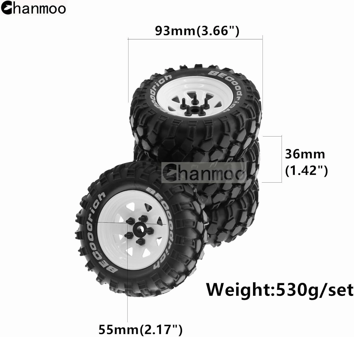 1.9 RC Crawler Tires and Metal Beadlock Wheels Rims 12mm Drive Adaptors 1:10 Soft Mud Tyres for 1/10 Rock Crawler Car Traxxas TRX4 D90 TF2 Axial Redcat Gen8 SCX10 Tamiya CC01 4PCS (White)