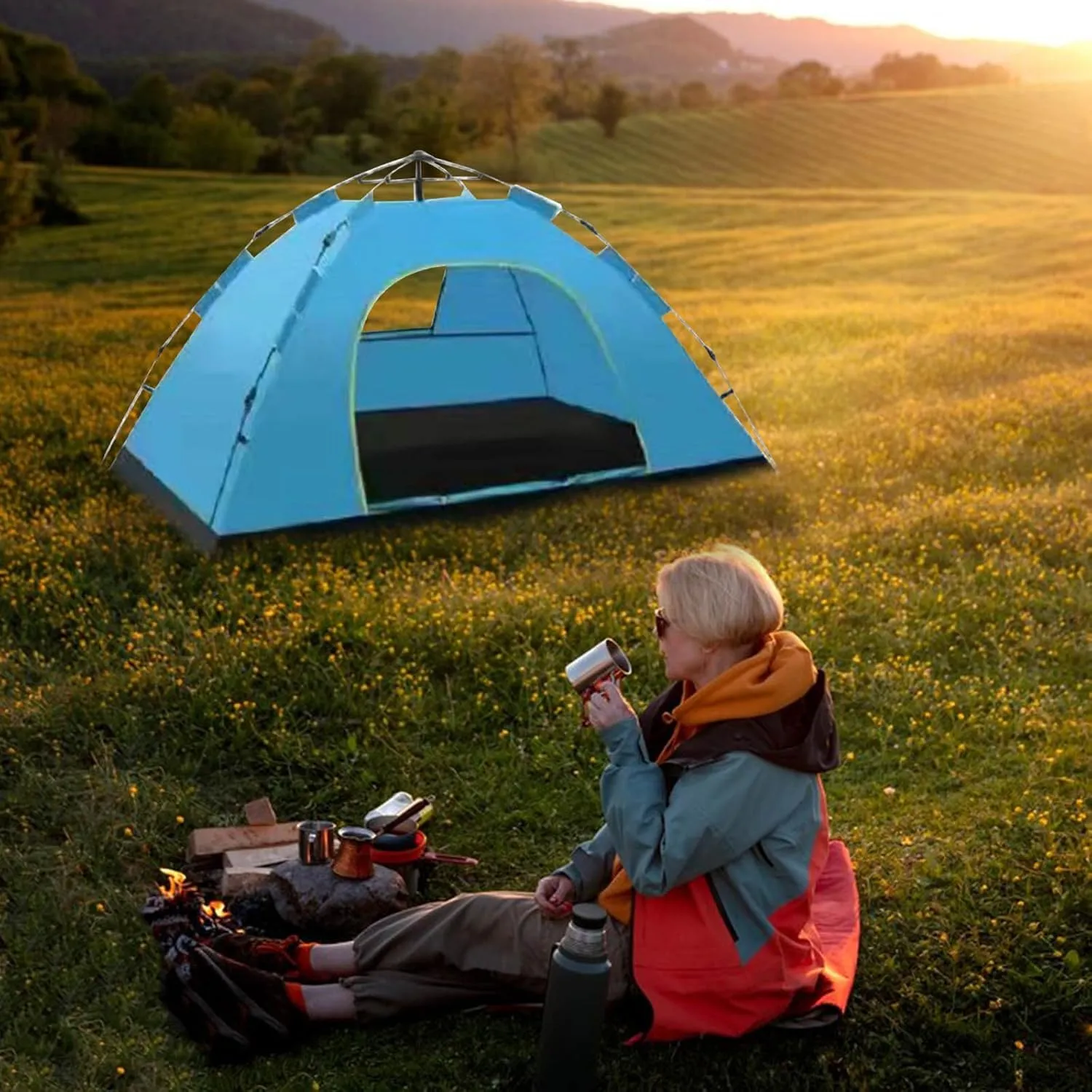 2-Person Camping Tent Easy Set up Shelter with Windows Weatherproof Portable Beach Tent Sun Shelter Canopy Lightweight Compact Outdoor Tent for Backpacking, Hiking, Gathering