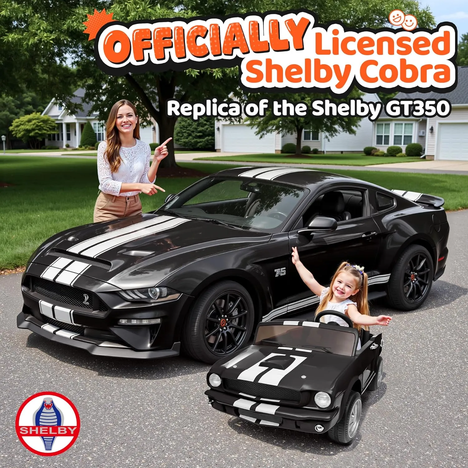 2 Seater Ride On Car for Kids, 24V Licensed Ford Shelby Cobra Kids Electric Vehicle Ride On Toy Racing Car w/Remote Control, 3 Speed, 4-Wheeler Suspension, Soft Start, Bluetooth, LED Lights