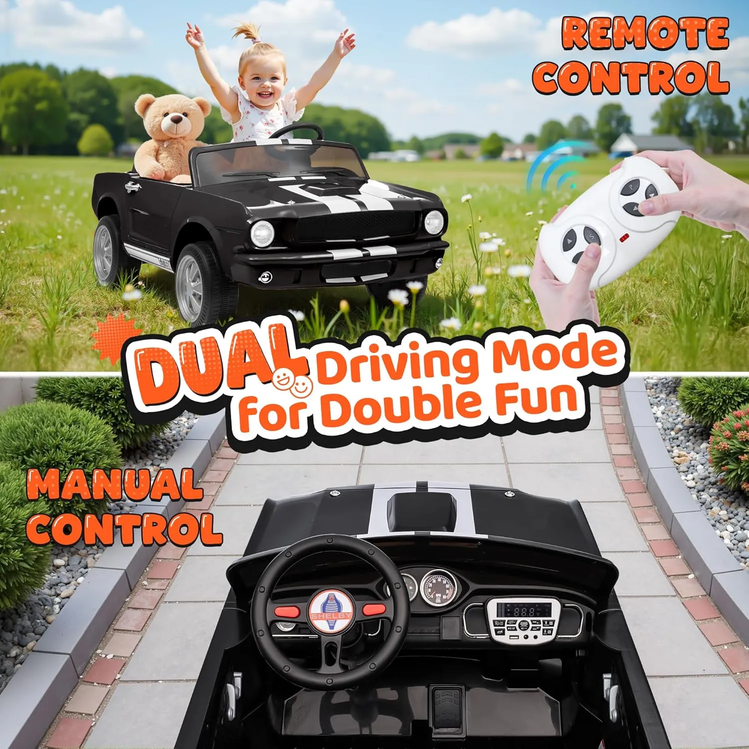 2 Seater Ride On Car for Kids, 24V Licensed Ford Shelby Cobra Kids Electric Vehicle Ride On Toy Racing Car w/Remote Control, 3 Speed, 4-Wheeler Suspension, Soft Start, Bluetooth, LED Lights