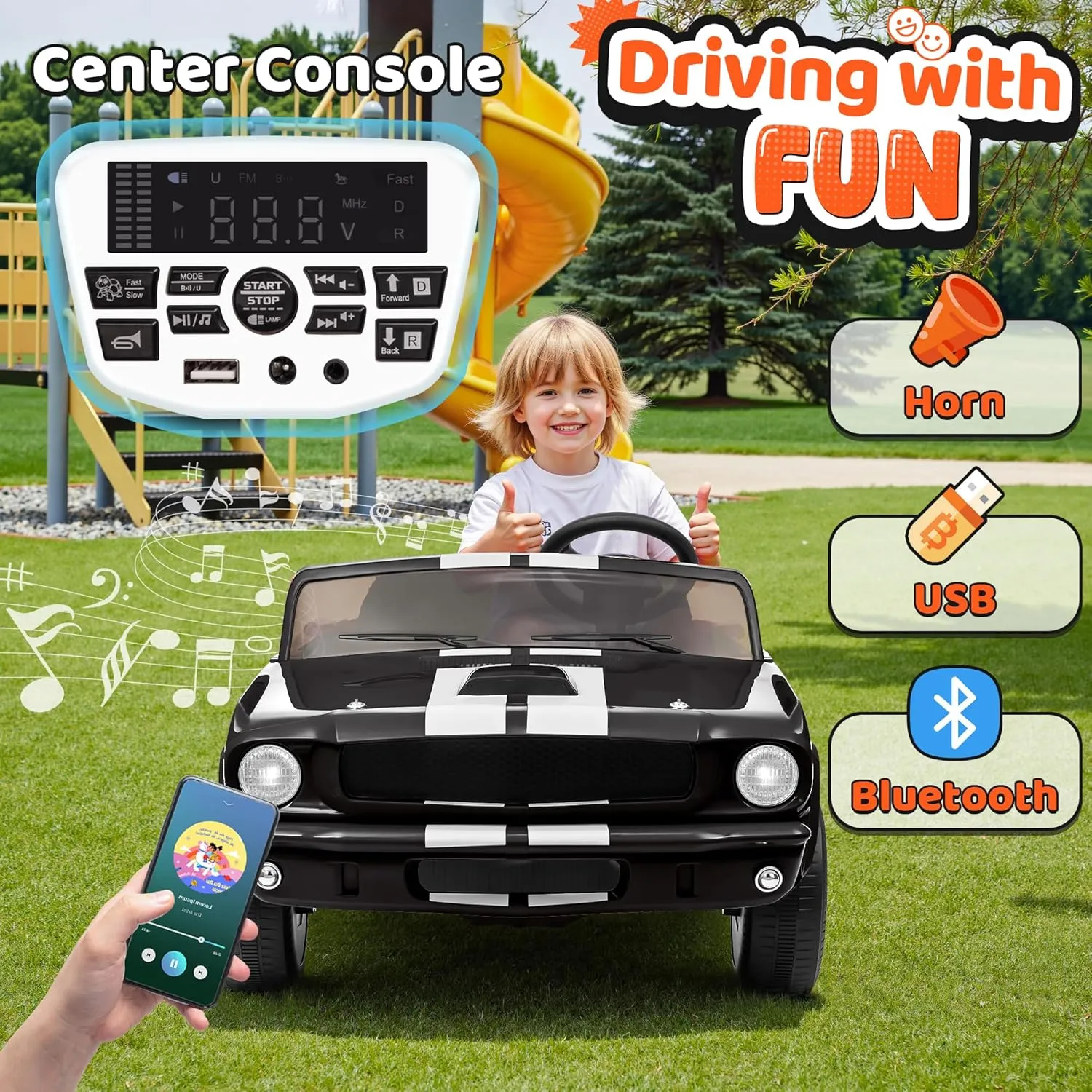 2 Seater Ride On Car for Kids, 24V Licensed Ford Shelby Cobra Kids Electric Vehicle Ride On Toy Racing Car w/Remote Control, 3 Speed, 4-Wheeler Suspension, Soft Start, Bluetooth, LED Lights