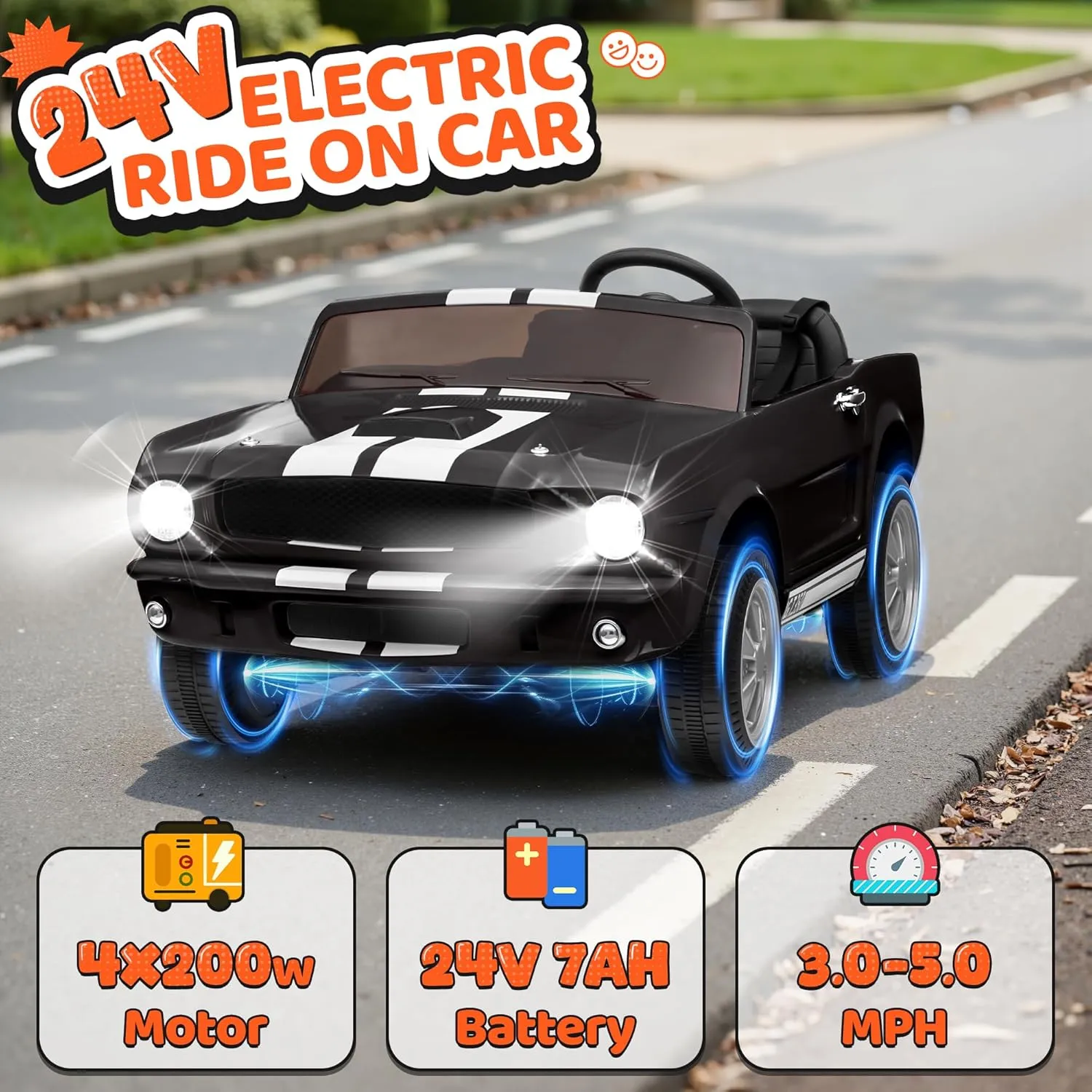 2 Seater Ride On Car for Kids, 24V Licensed Ford Shelby Cobra Kids Electric Vehicle Ride On Toy Racing Car w/Remote Control, 3 Speed, 4-Wheeler Suspension, Soft Start, Bluetooth, LED Lights