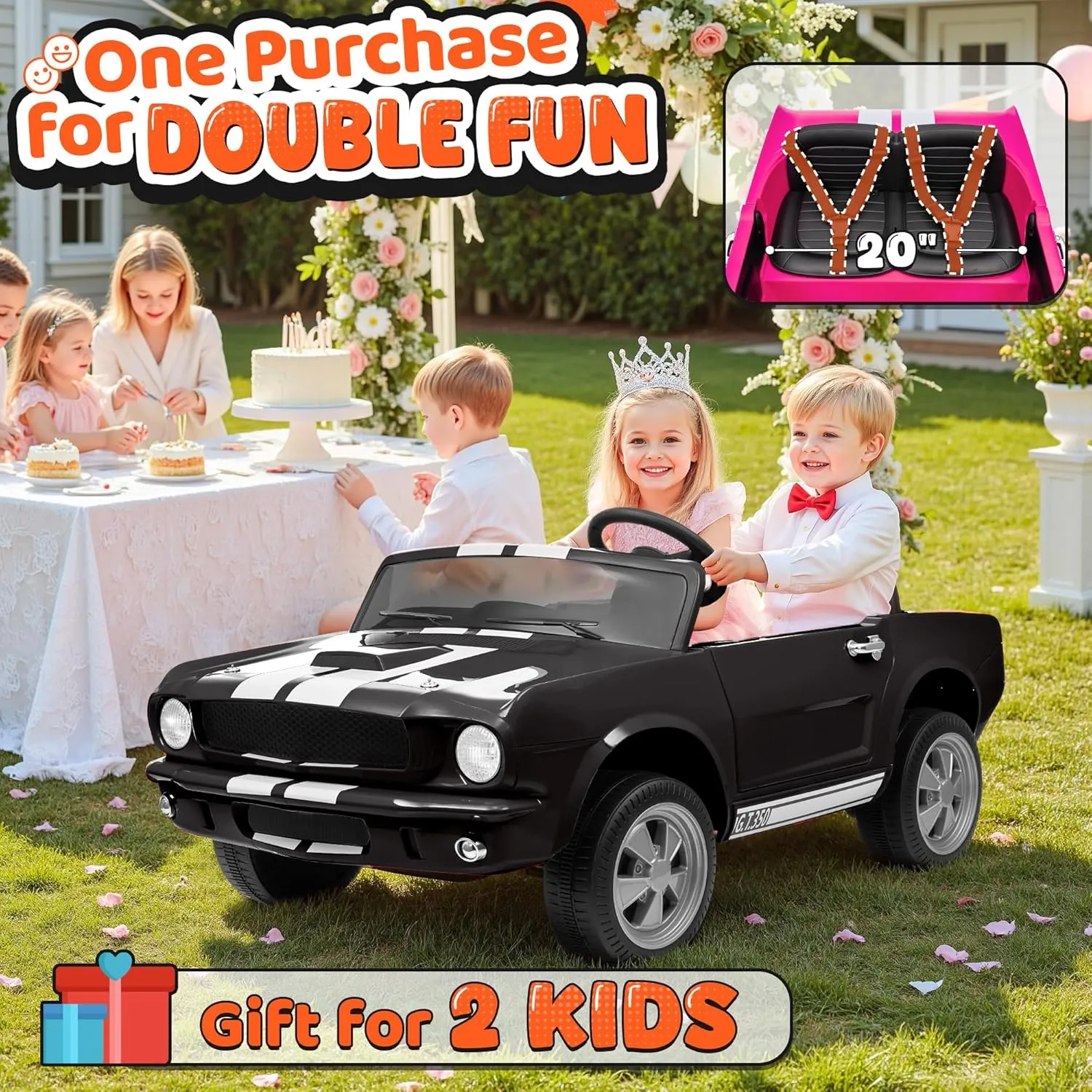 2 Seater Ride On Car for Kids, 24V Licensed Ford Shelby Cobra Kids Electric Vehicle Ride On Toy Racing Car w/Remote Control, 3 Speed, 4-Wheeler Suspension, Soft Start, Bluetooth, LED Lights
