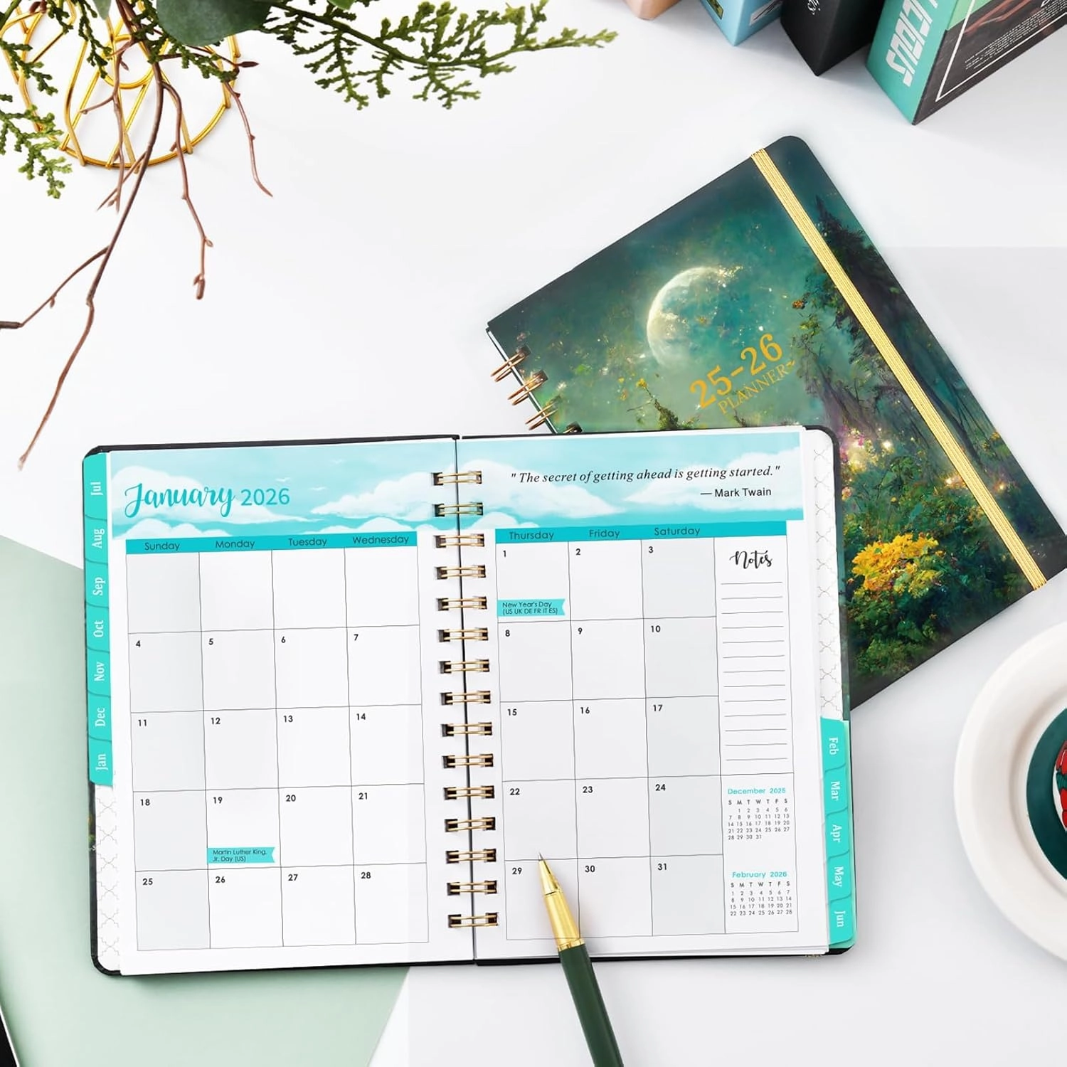 2025-2026 Planner - Academic Planner 2025-2026, 6.4" x 8.5", Jul.2025 - Jun.2026, Weekly Monthly with Green Tabs, Strong Twin-wire, Back Pocket