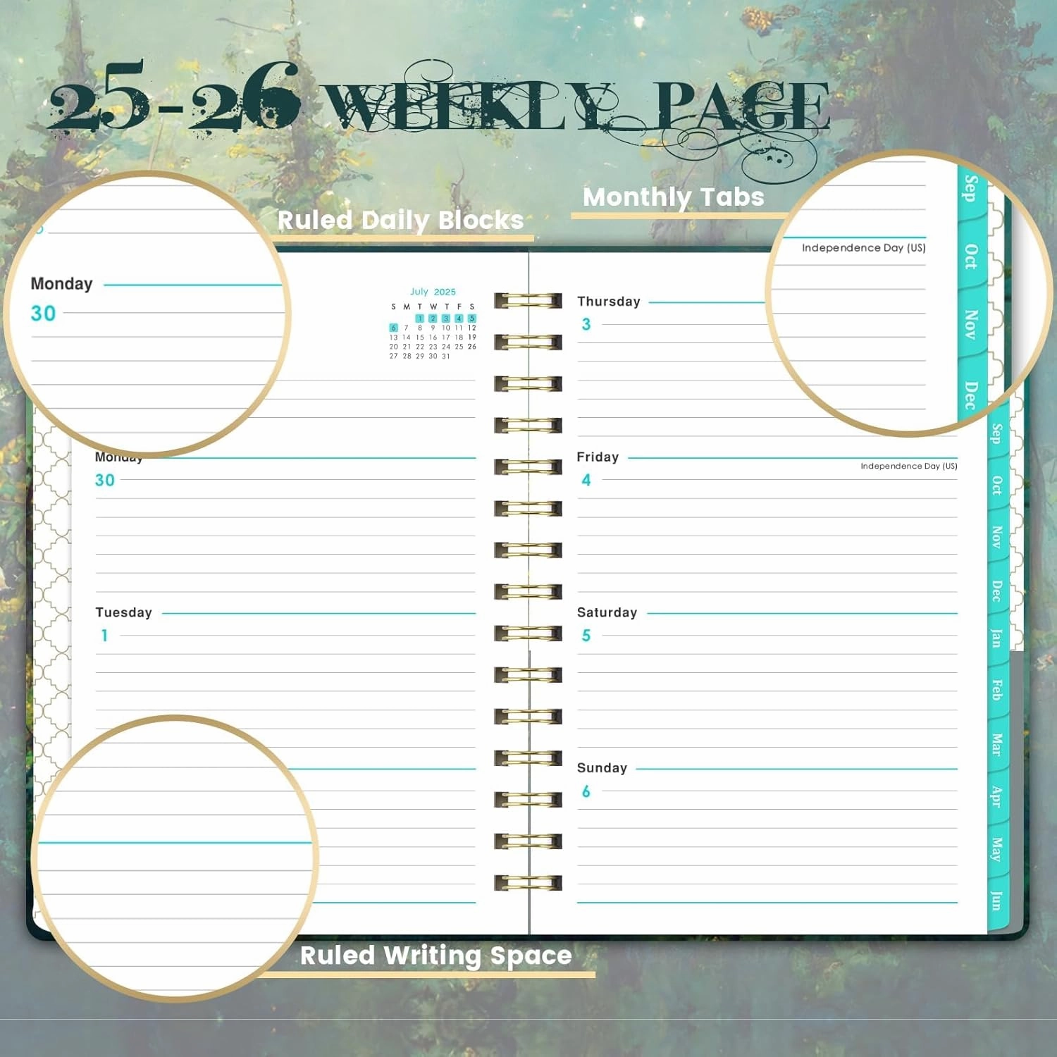 2025-2026 Planner - Academic Planner 2025-2026, 6.4" x 8.5", Jul.2025 - Jun.2026, Weekly Monthly with Green Tabs, Strong Twin-wire, Back Pocket