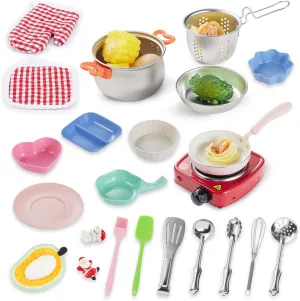 22PCS Pretend Play Cooking Kitchen Set Junior Kids Safe Easy Cook with Mini Stove Burner,Chef,Apron,Oven Mitt,Recipes and Other Kitchen Accessories,Great Learning Gifts for Toddler & Boys Girls