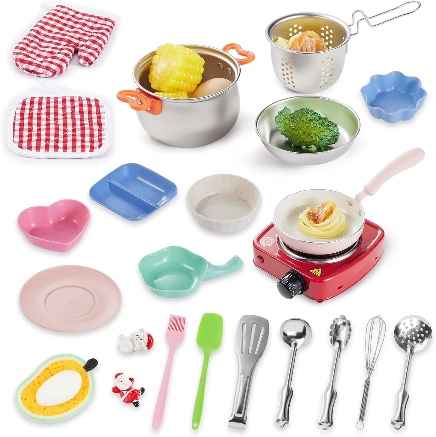 22PCS Pretend Play Cooking Kitchen Set Junior Kids Safe Easy Cook with Mini Stove Burner,Chef,Apron,Oven Mitt,Recipes and Other Kitchen Accessories,Great Learning Gifts for Toddler & Boys Girls