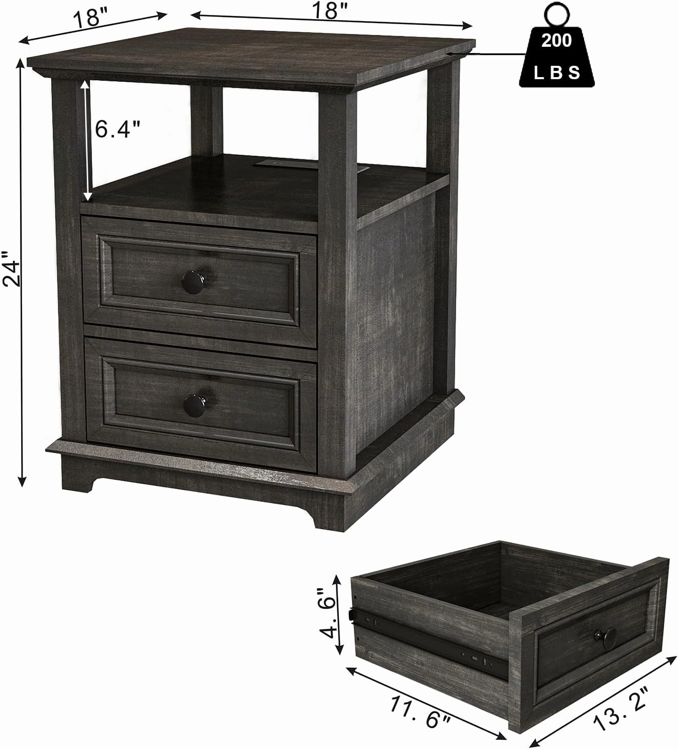 24” Nightstand with Fast Charging Station Set of 2, 18” Bedside Table with Drawers,Storage Rustic Wood Storage Cabinet for Bedroom,Olive Brown