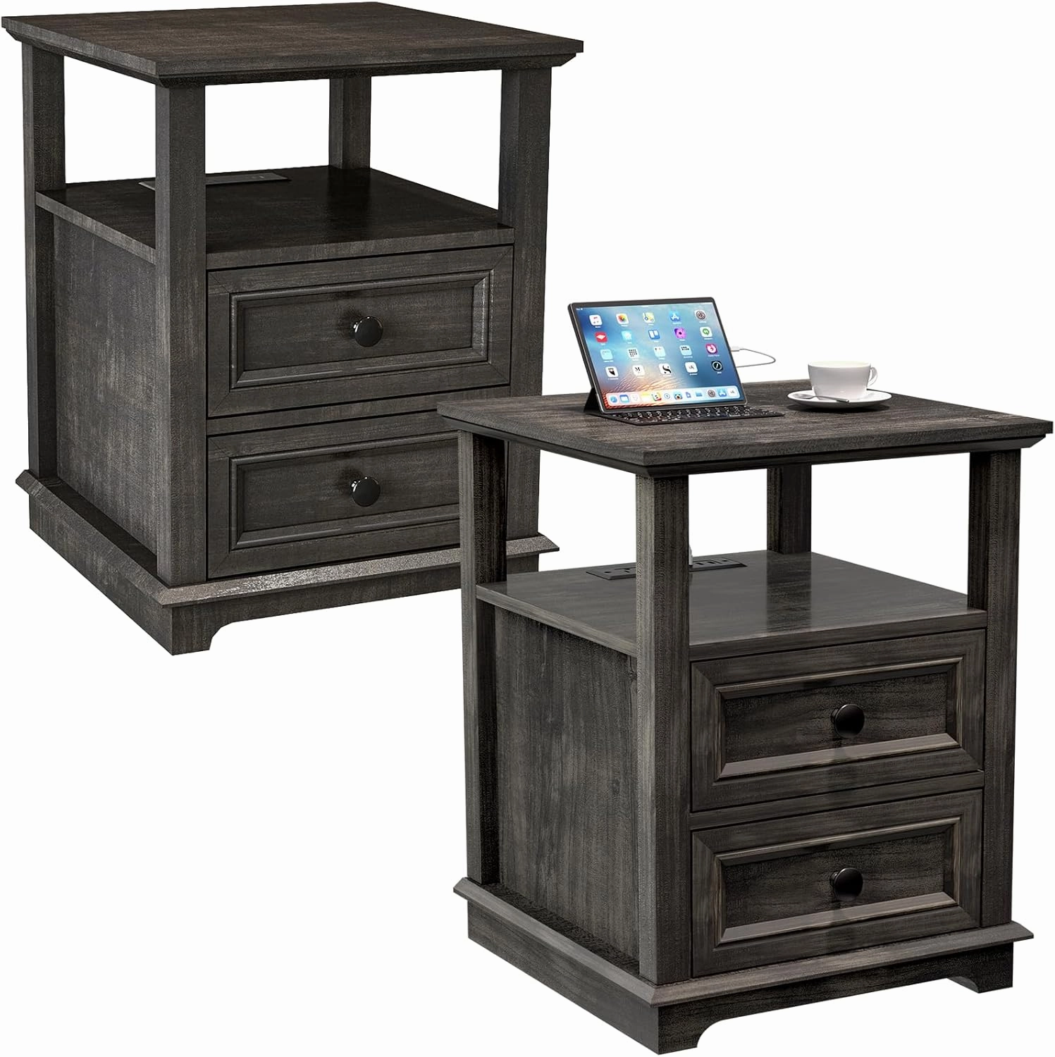 24” Nightstand with Fast Charging Station Set of 2, 18” Bedside Table with Drawers,Storage Rustic Wood Storage Cabinet for Bedroom,Olive Brown