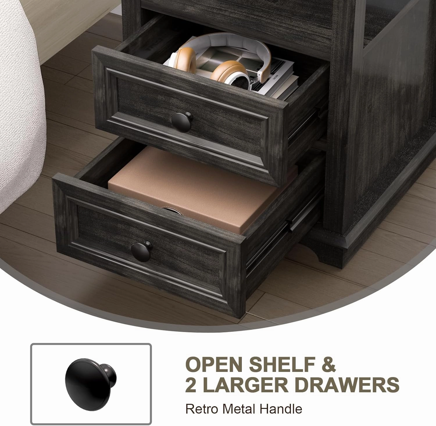 24” Nightstand with Fast Charging Station Set of 2, 18” Bedside Table with Drawers,Storage Rustic Wood Storage Cabinet for Bedroom,Olive Brown