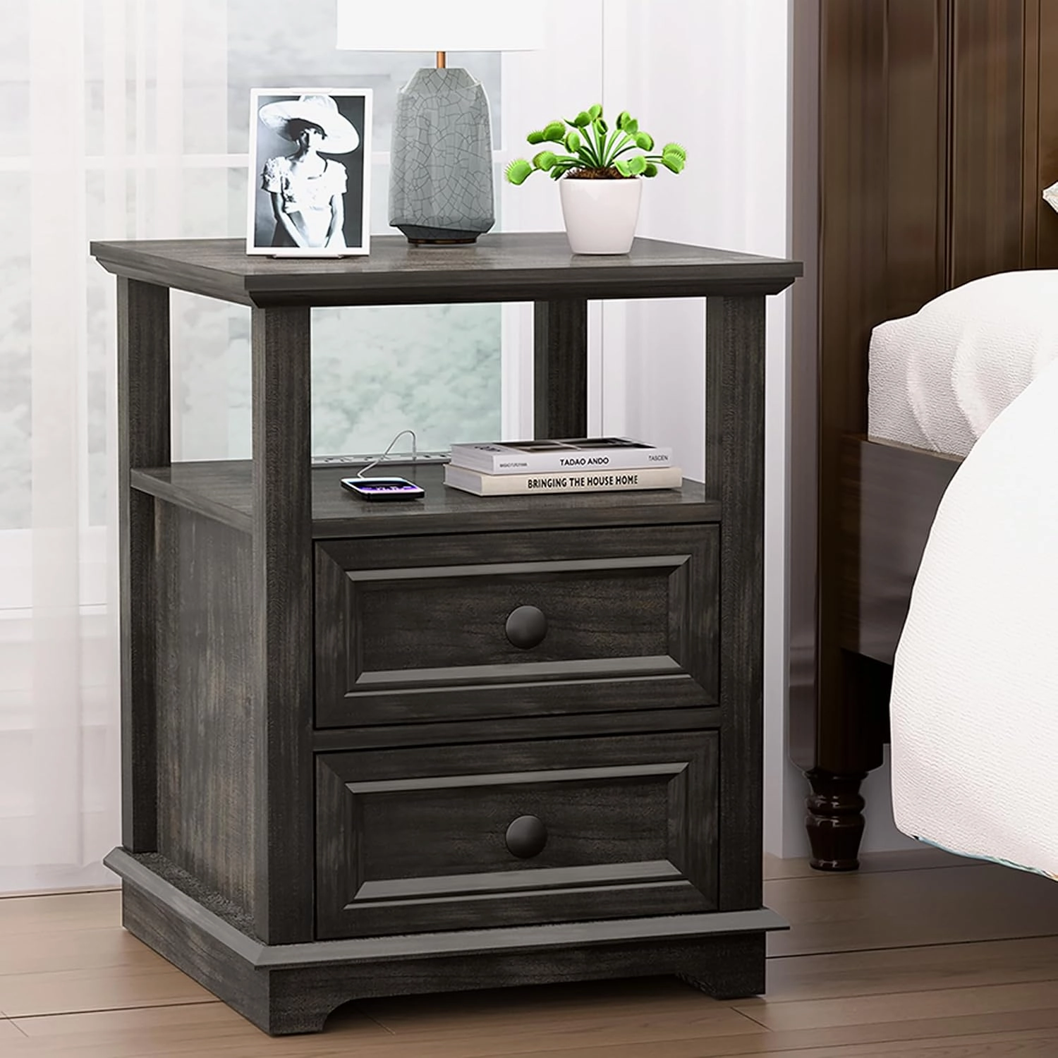 24” Nightstand with Fast Charging Station Set of 2, 18” Bedside Table with Drawers,Storage Rustic Wood Storage Cabinet for Bedroom,Olive Brown