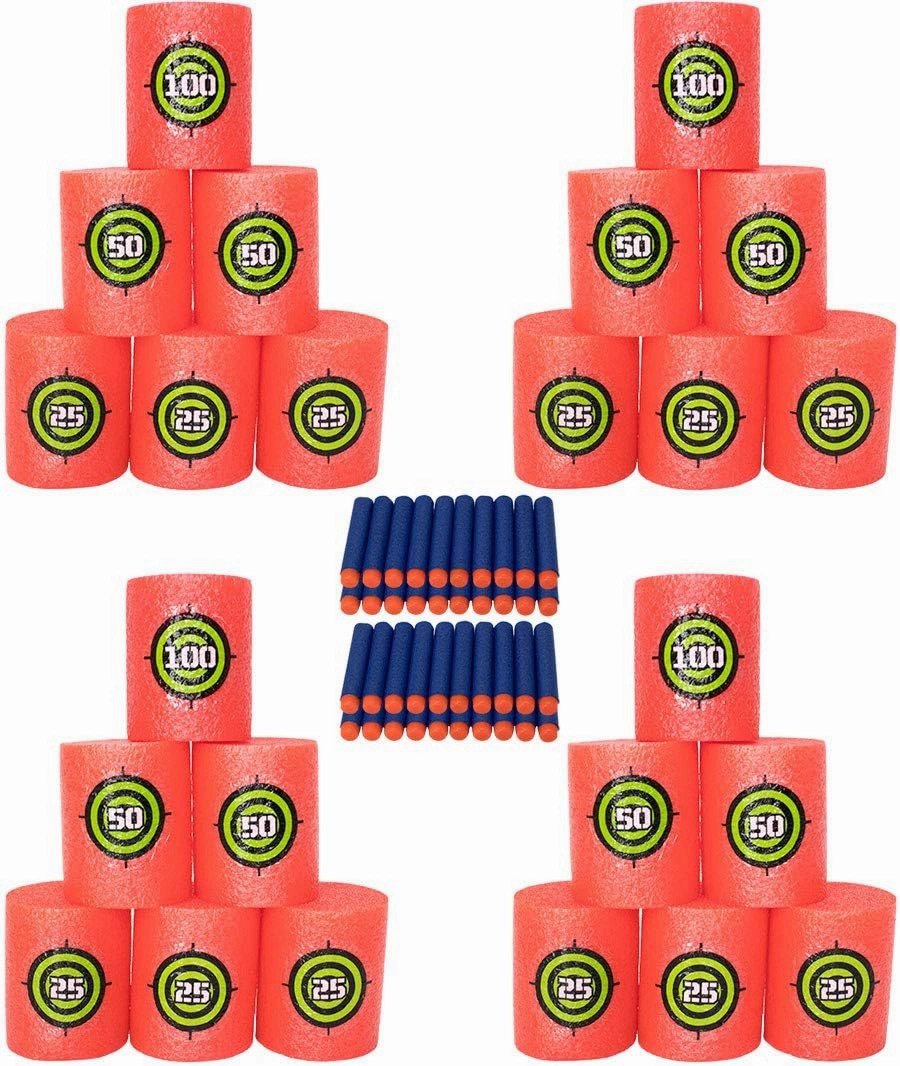 24 Soft Foam Targets Set for Nerf N Strike, Gun, Pistol, and 40 Soft Bullet Dart Cans (64 Pieces Total) Shooting Practice, Toy Blasters