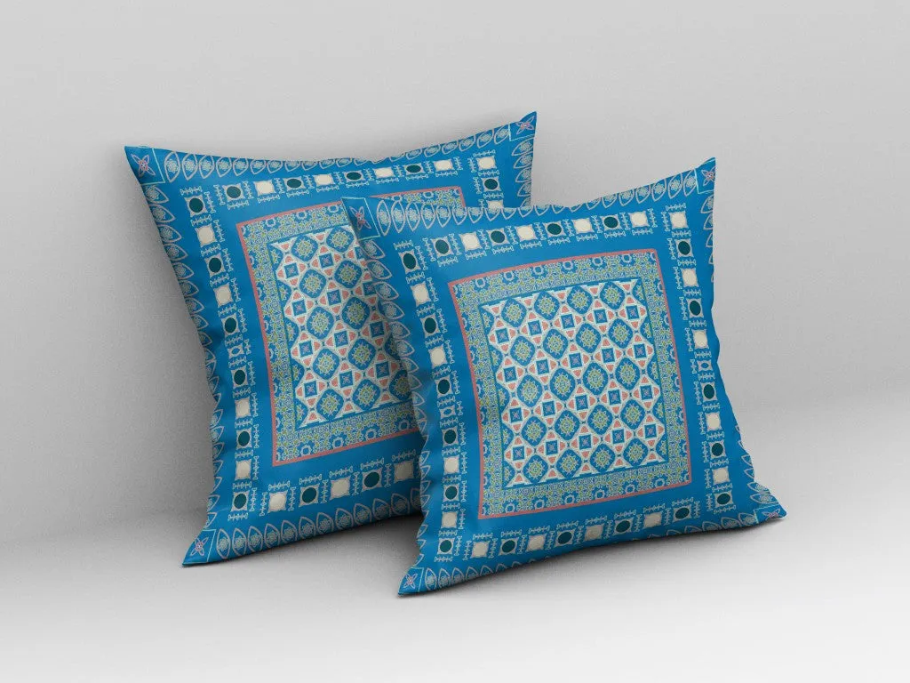 26” Blue Pink Block Indoor Outdoor Zippered Throw Pillow