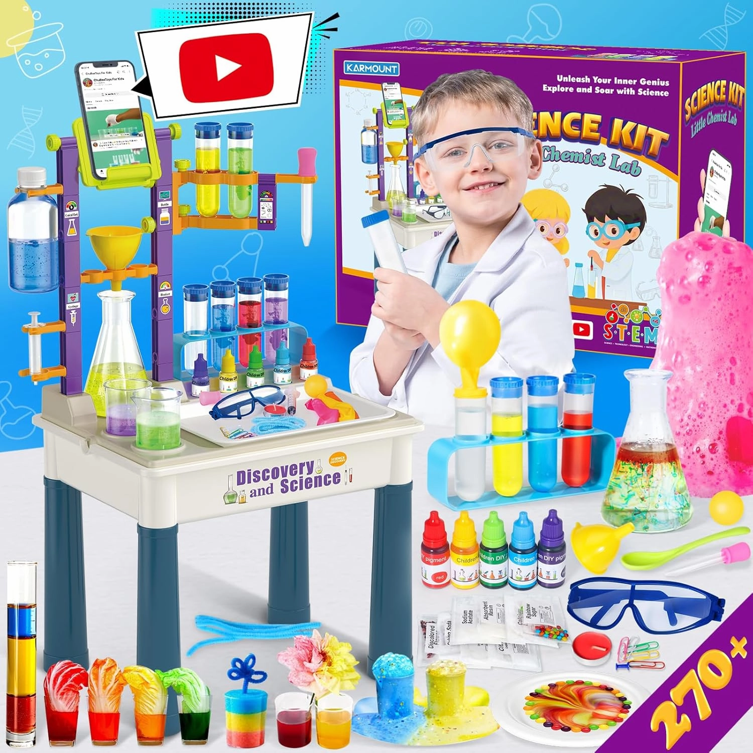 270 Science Kits with Experiments Table and YouTube Video Tutorial, STEM Homeschooling Educational Lab, Scientific Chemistry Set, Ideal for Children Girls Boys