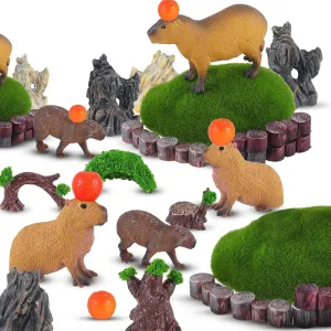 29 Pcs Mini Capybara Figures Toy Playset, Capybara Animal Figurines Plastic Statue Fall Trees Artificial Tree Stump Fake Mountain Artificial Moss Rocks Oranges for Gifts Birthday Decoration