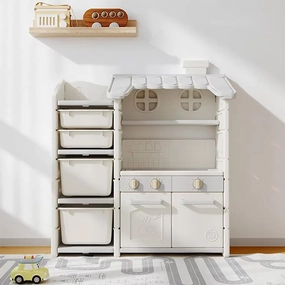 2 in 1 Kids Play Kitchen and Toy Storage Organizer for Toddlers 1-3, Pretend Play Kitchen Set with Large Toy Box for Baby Girls and Boys, Toddler Toy/Doll Storage for Bedroom/Playroom