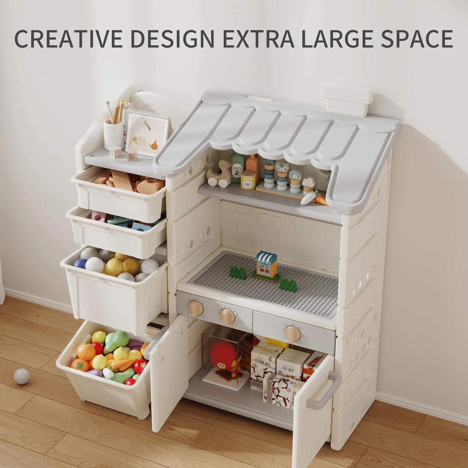 2 in 1 Kids Play Kitchen and Toy Storage Organizer for Toddlers 1-3, Pretend Play Kitchen Set with Large Toy Box for Baby Girls and Boys, Toddler Toy/Doll Storage for Bedroom/Playroom