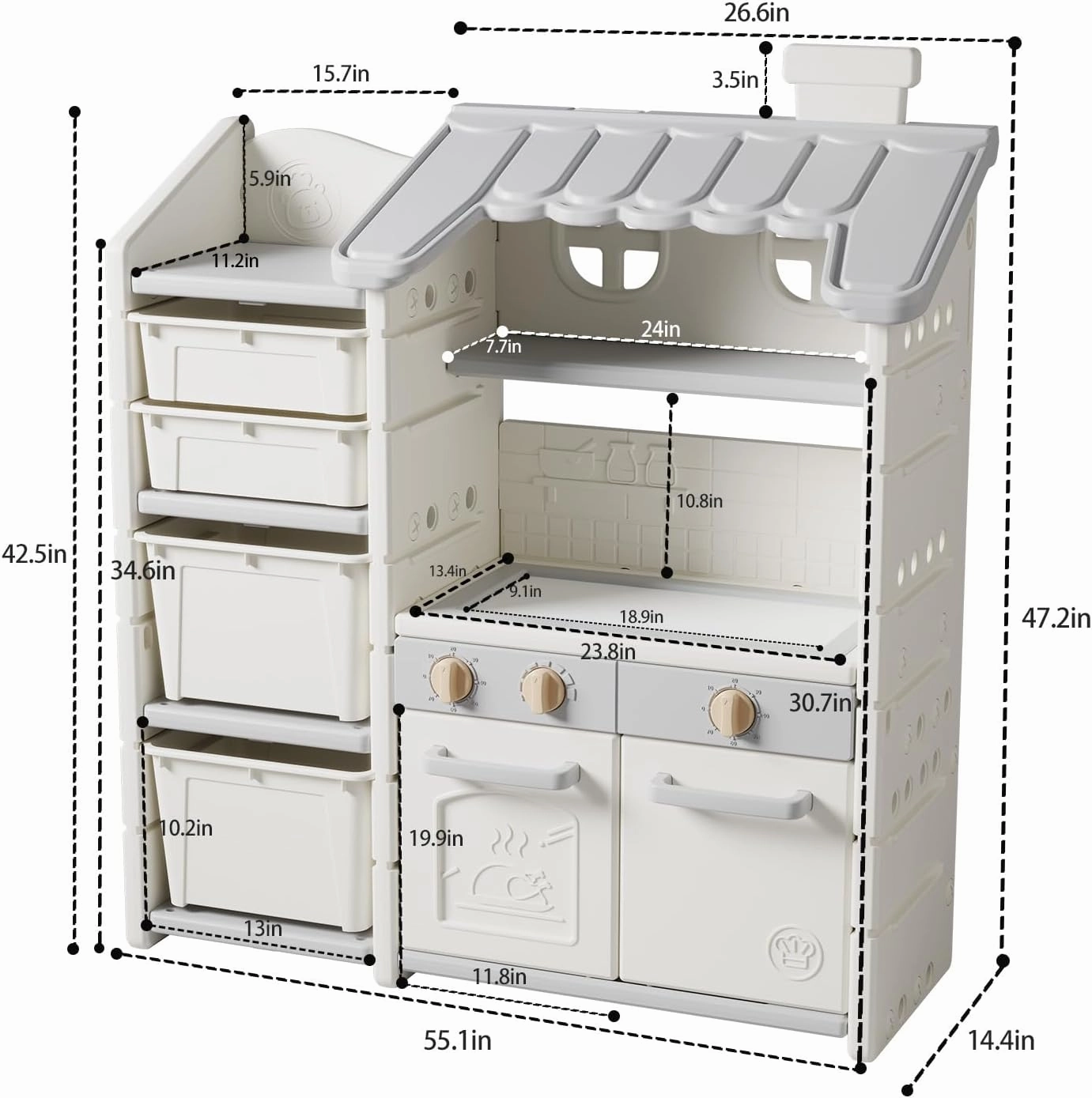 2 in 1 Kids Play Kitchen and Toy Storage Organizer for Toddlers 1-3, Pretend Play Kitchen Set with Large Toy Box for Baby Girls and Boys, Toddler Toy/Doll Storage for Bedroom/Playroom
