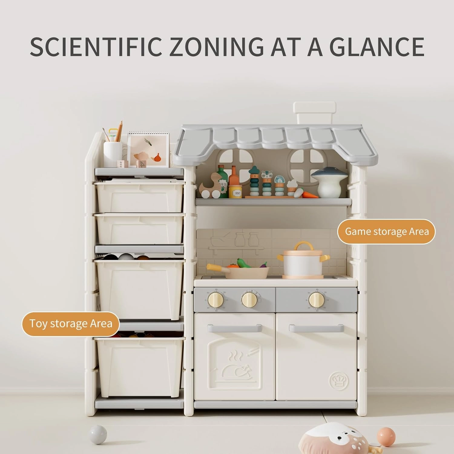 2 in 1 Kids Play Kitchen and Toy Storage Organizer for Toddlers 1-3, Pretend Play Kitchen Set with Large Toy Box for Baby Girls and Boys, Toddler Toy/Doll Storage for Bedroom/Playroom