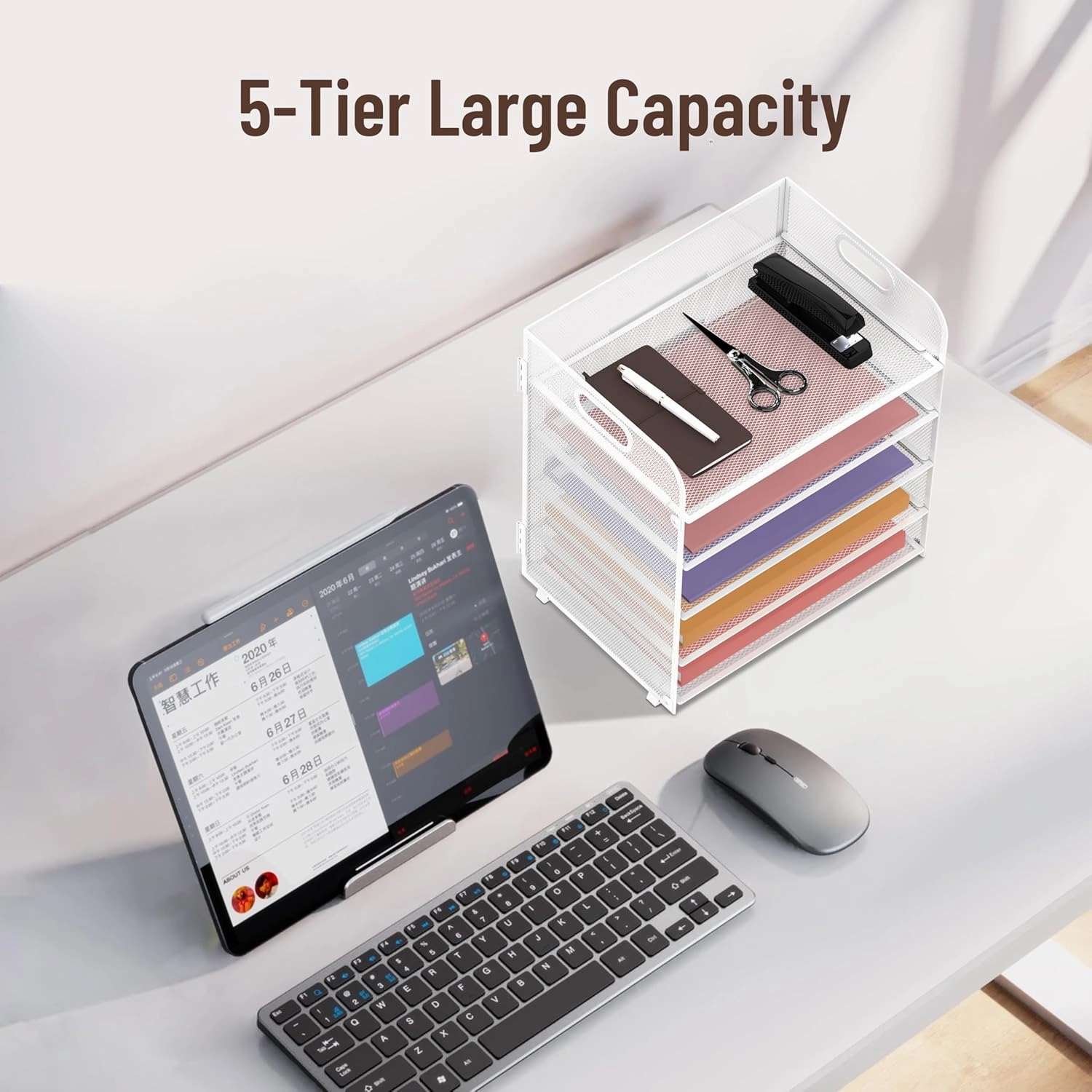 2 Pack 5-Tier White Desk Organizer with Handle Mesh Desk File/Paper Organizer Letter Tray for Office, School and Home Easy Installation