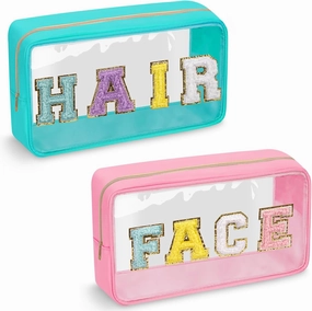 2 Pack Chenille Letter Clear Makeup Bags Face Hair Pouch, Preppy Patch Travel Face Bag Pink Clear Pouches With Zipper, Travel Hair Bags for Hair Stuff Waterproof Cosmetic Toiletry Storage(HAIR FACE)