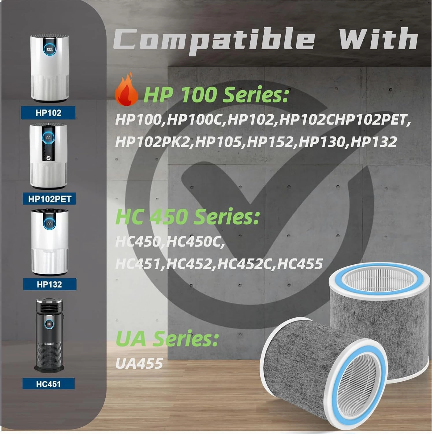 2 Pack HP102 Replacement Filter Compatible with Shark HP100,HP102,HP132,HP152,HP102PET,HC450,HC451,HC452,HC455 Air Purifier,H13 True HEPA for 99.97% of Particles Part Number #HE1FKPET,HE1FKBAS