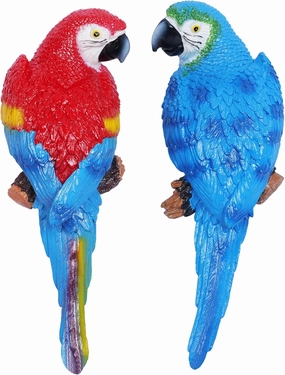 2 Pcs Fake Parrot Decor Artificial Parrots Tiki Statue Decorations 12.9" Lifelike Outdoors Macaw Sculpture Tropical Realistic Blue Red Resin Parrot Bird Decorative for Patio Garden Yard Lawn Tree Wall