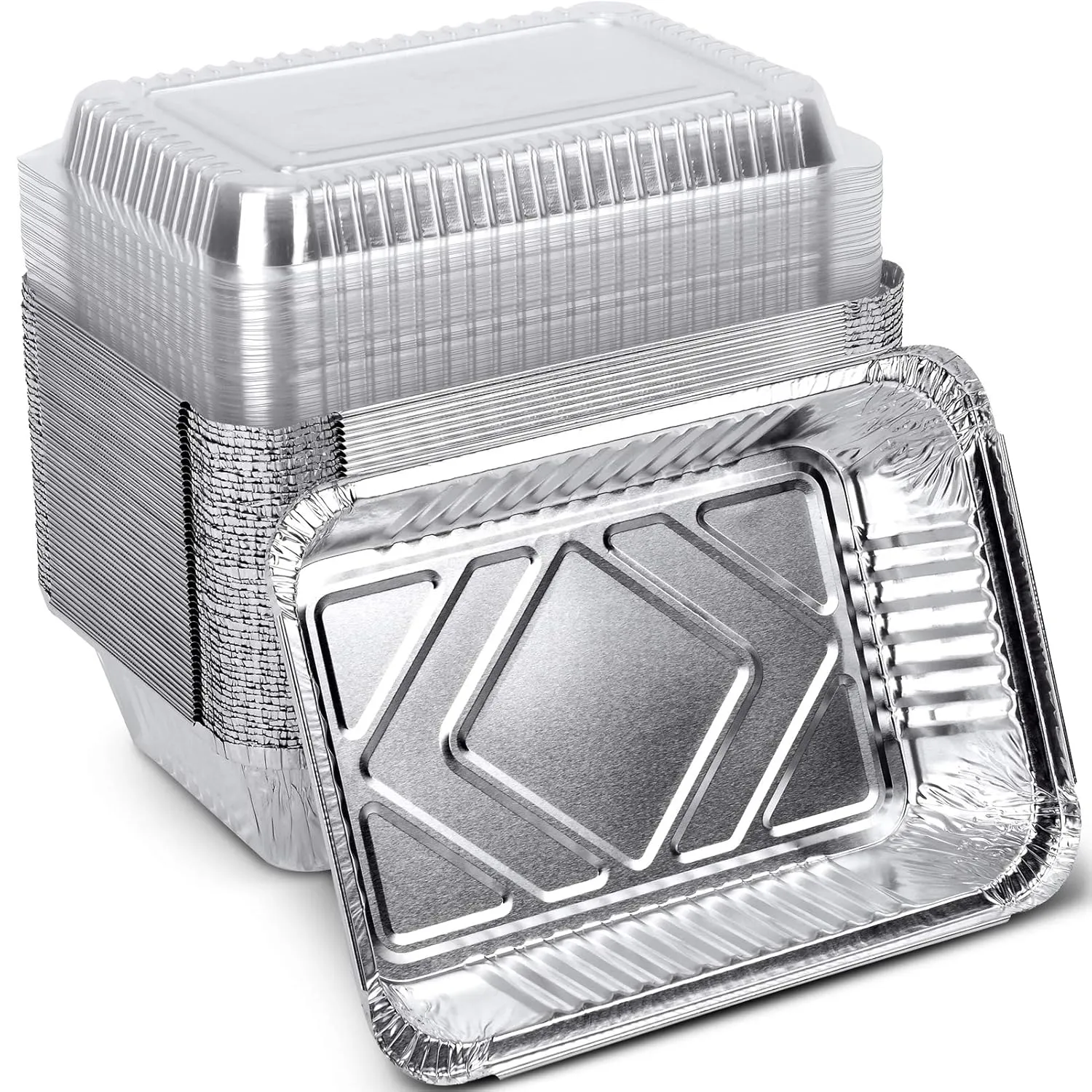 2LB Aluminum Pans with Clear Lids (50PACK)，2 LB Foil Pans - to Go Food Containers，Recyclable Aluminum Foil with Strong Seal for Freshness & Spill Resistance- 8.26" x 5.7" x 1.77"