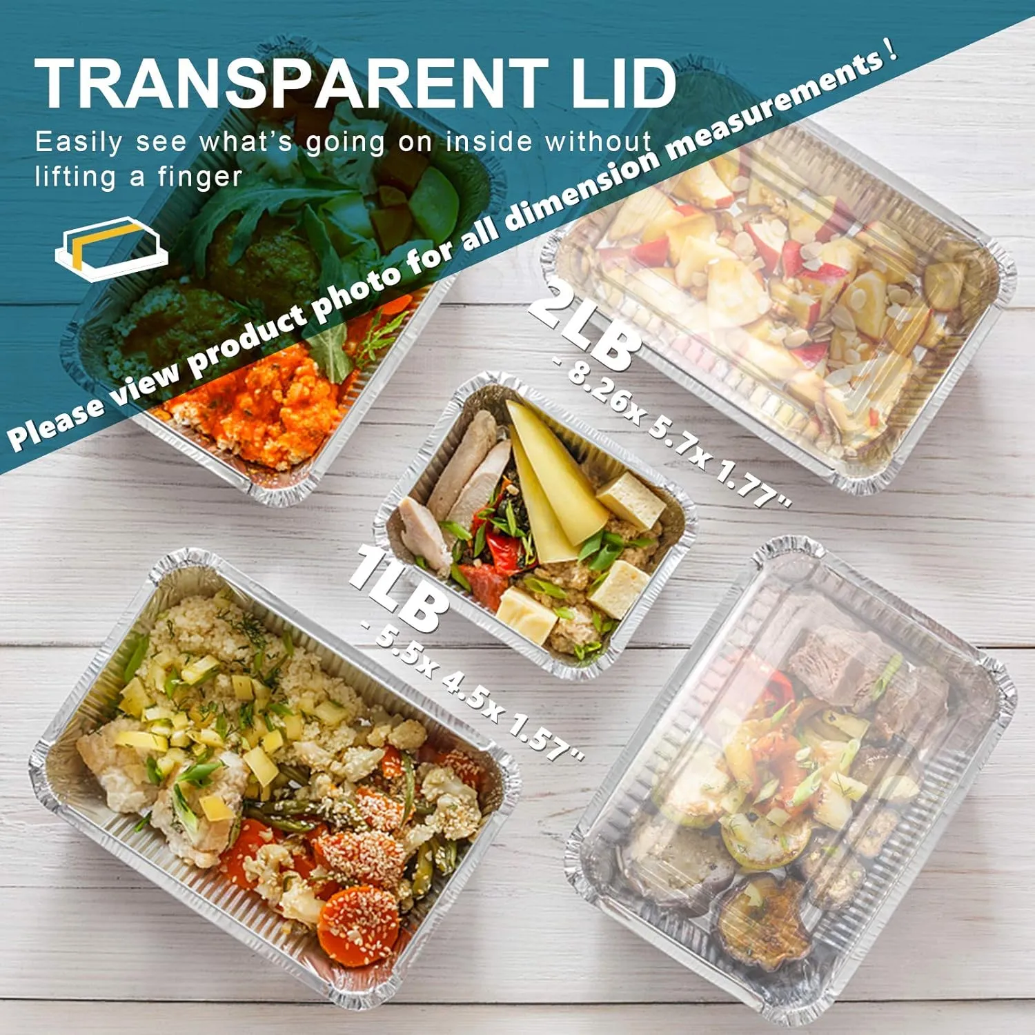 2LB Aluminum Pans with Clear Lids (50PACK)，2 LB Foil Pans - to Go Food Containers，Recyclable Aluminum Foil with Strong Seal for Freshness & Spill Resistance- 8.26" x 5.7" x 1.77"