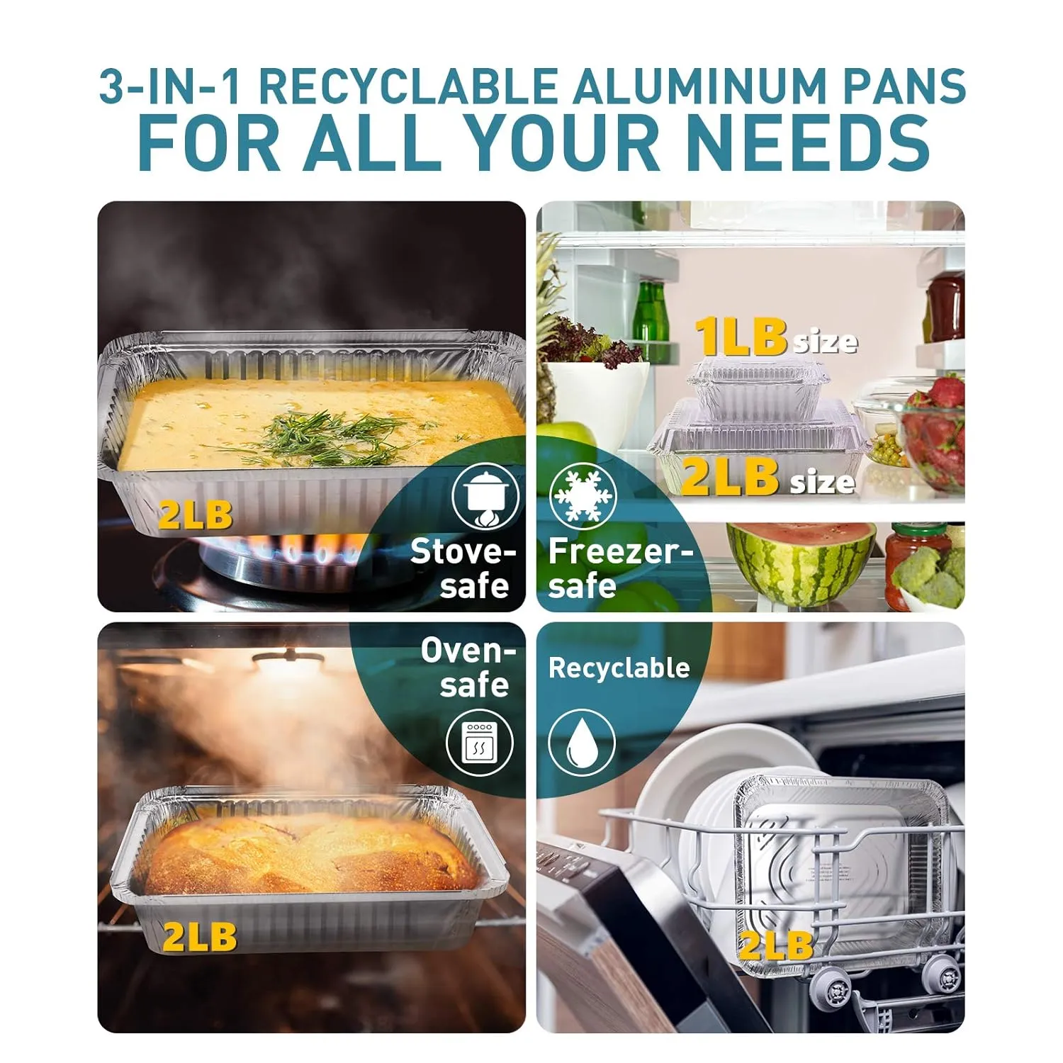 2LB Aluminum Pans with Clear Lids (50PACK)，2 LB Foil Pans - to Go Food Containers，Recyclable Aluminum Foil with Strong Seal for Freshness & Spill Resistance- 8.26" x 5.7" x 1.77"