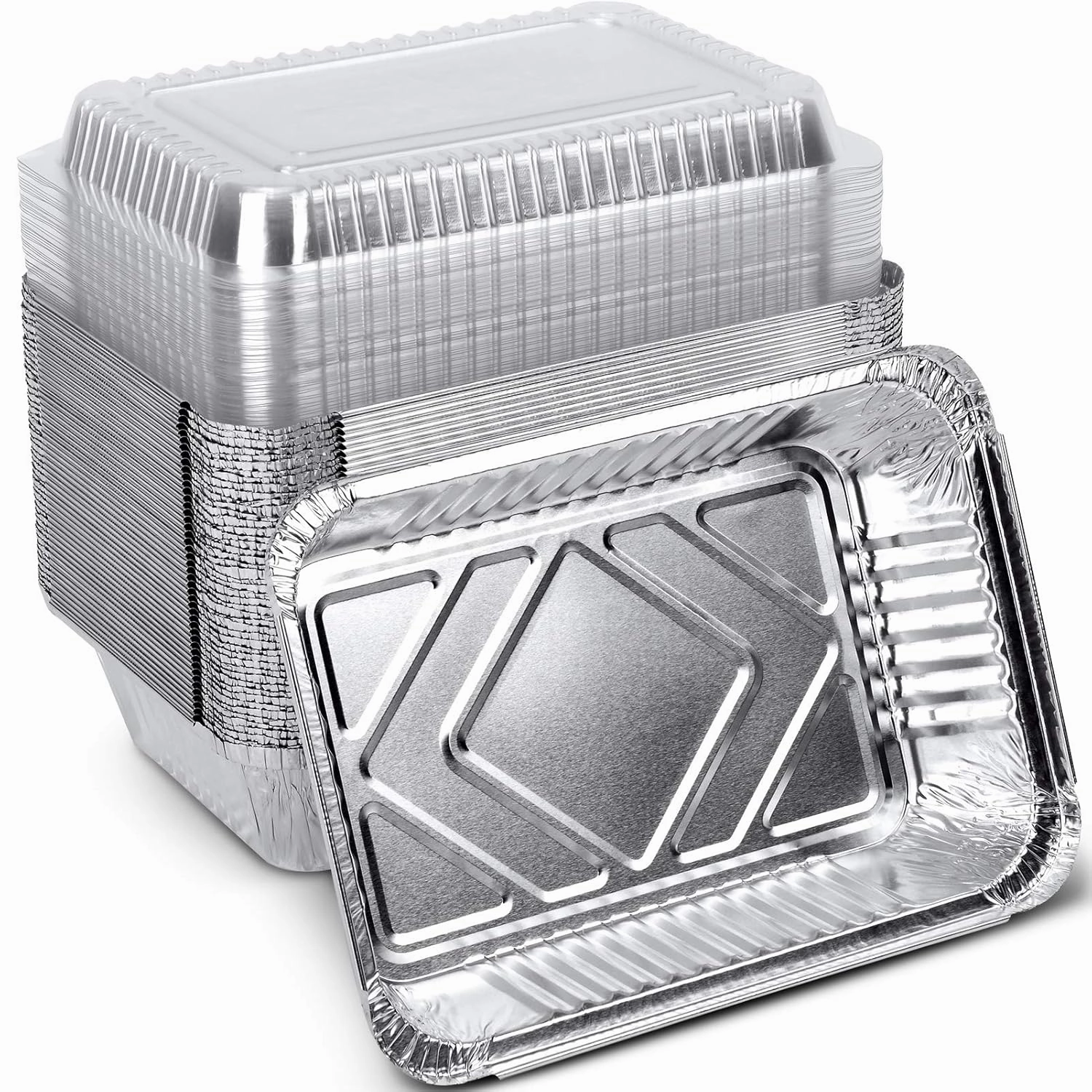 2LB Aluminum Pans with Clear Lids (50PACK)，2 LB Foil Pans - to Go Food Containers，Recyclable Aluminum Foil with Strong Seal for Freshness & Spill Resistance- 8.26" x 5.7" x 1.77"