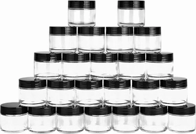 2oz Glass Jars 24 Pack, Hoa Kinh Mini Round Clear Glass Jars with Inner Liners and Black Lids, Perfect for Storing Lotions, Powders and Ointments