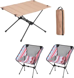 3 Pcs Portable Camping Table and Chairs, Light Outdoor Folding Small Compact Picnic Chairs Set, Oxford Cloth, Aluminum Alloy, Easy to Assemble