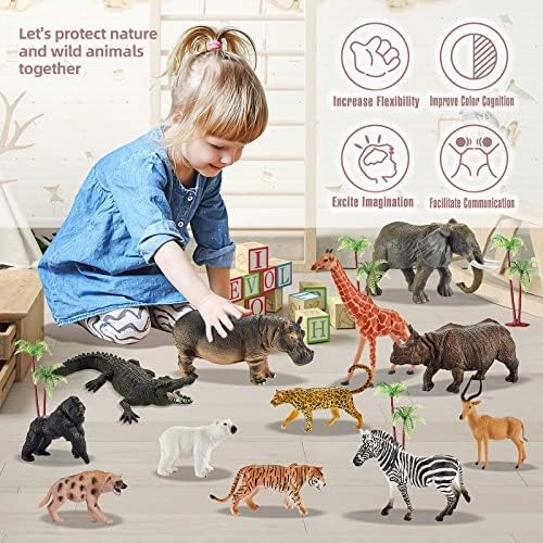 31 Pcs Safari Animals Figures Including 24 Realistic Jungle Playset Toys Zoo Animals for Toddlers 3  Years Old Ideal Gift for Boys and Girls