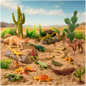 32 Pcs Desert Reptile Animal Figurines Set, Desert Project Diorama with Camel Fox Rattlesnake Scorpion Lizard Tree Cactus Desert Decor for Kids Cake Toppers Party Favors School Projects