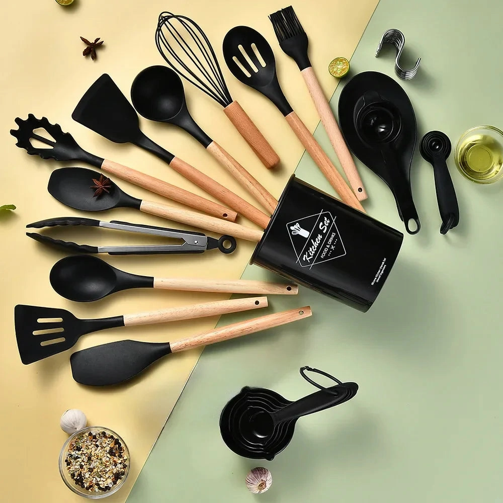34 Piece Non Stick Silicone Kitchen Utensil Set With Wooden Handles