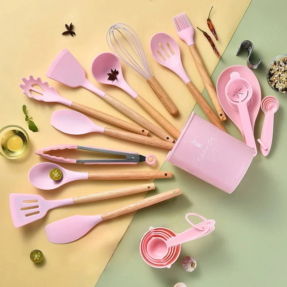 34 Piece Non Stick Silicone Kitchen Utensil Set With Wooden Handles