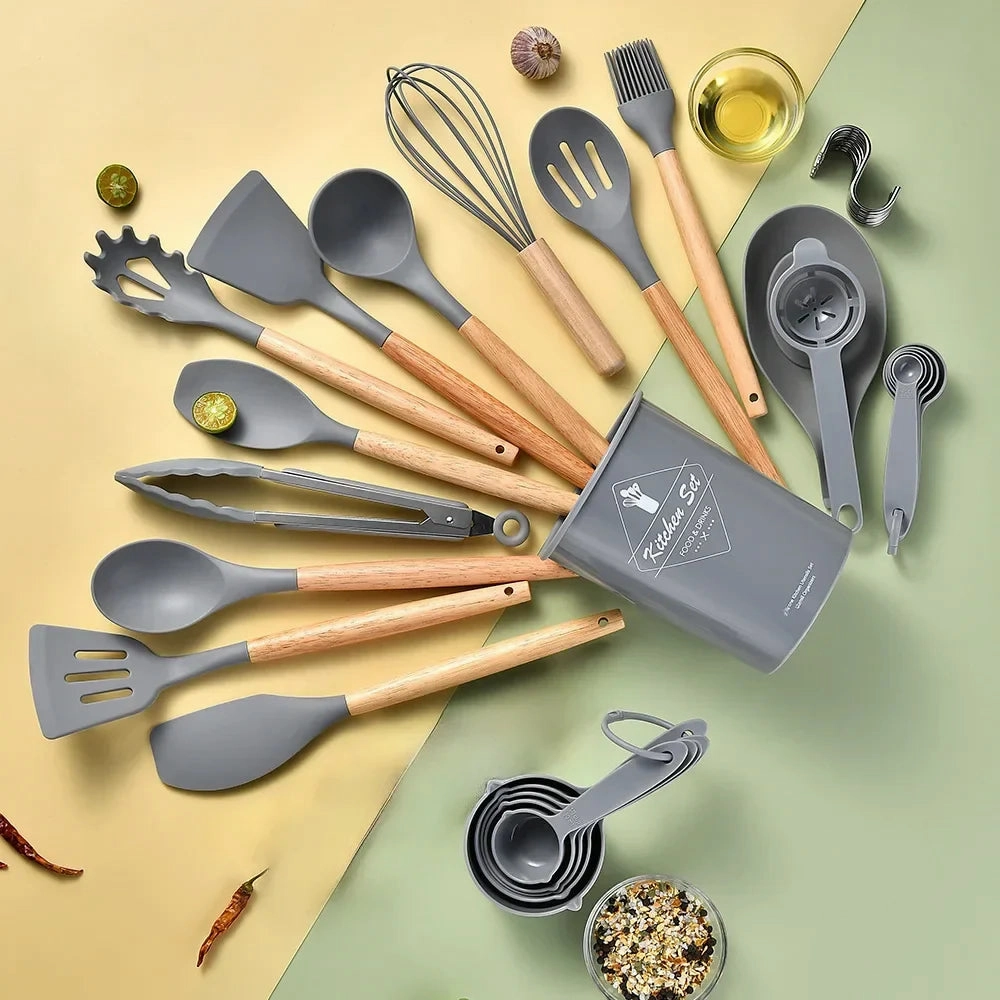 34 Piece Non Stick Silicone Kitchen Utensil Set With Wooden Handles