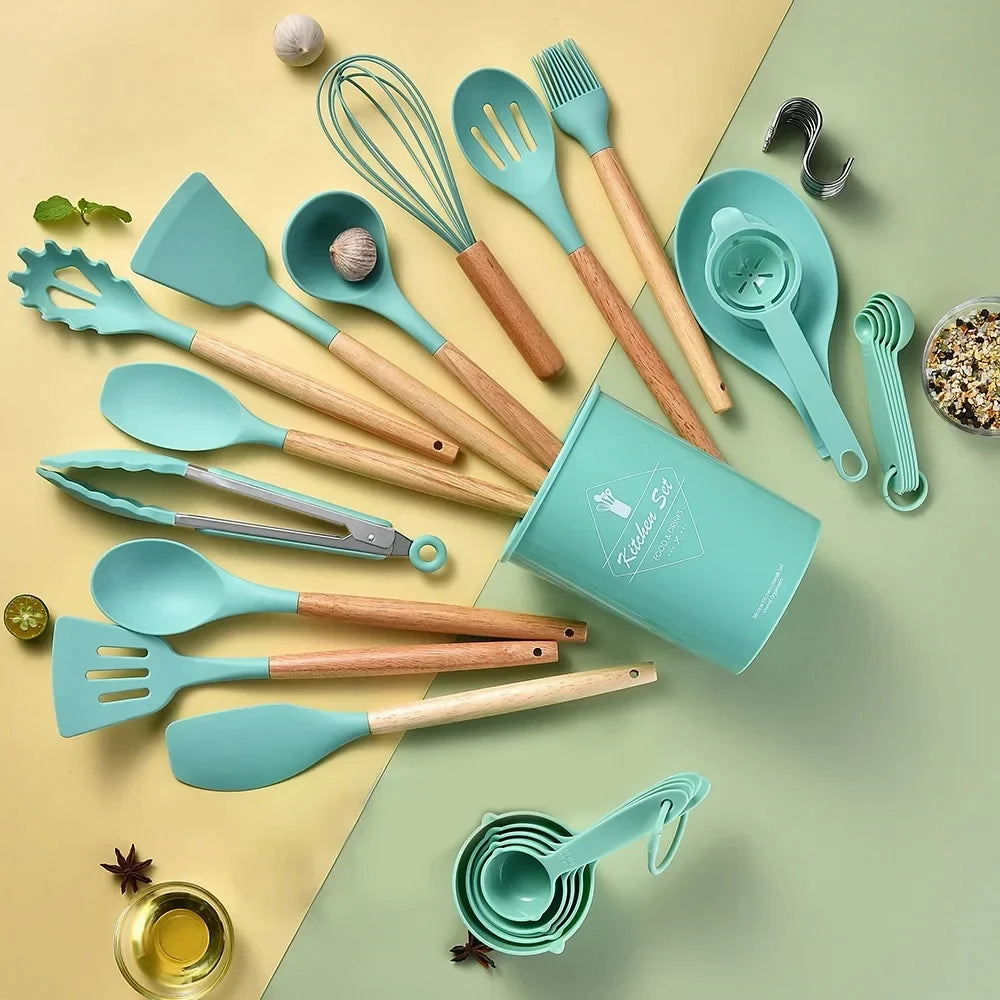 34 Piece Non Stick Silicone Kitchen Utensil Set With Wooden Handles