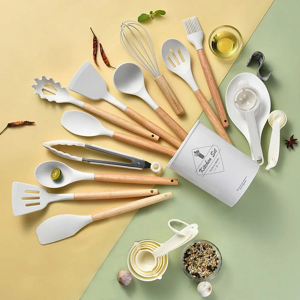 34 Piece Non Stick Silicone Kitchen Utensil Set With Wooden Handles