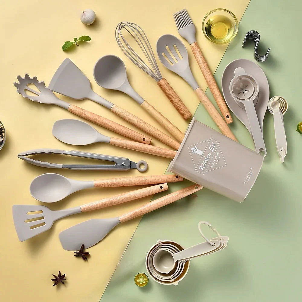 34 Piece Non Stick Silicone Kitchen Utensil Set With Wooden Handles