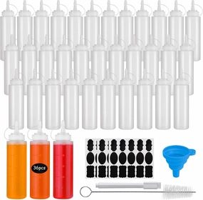 36 Pack 8 oz Condiment Squeeze Bottles Bulk, Plastic Leak Proof Multipurpose Sauces Ketchup Paint Squeeze Bottles with Tick Mark for Kitchen,BBQ,Oil,Dressing Camping Supplies