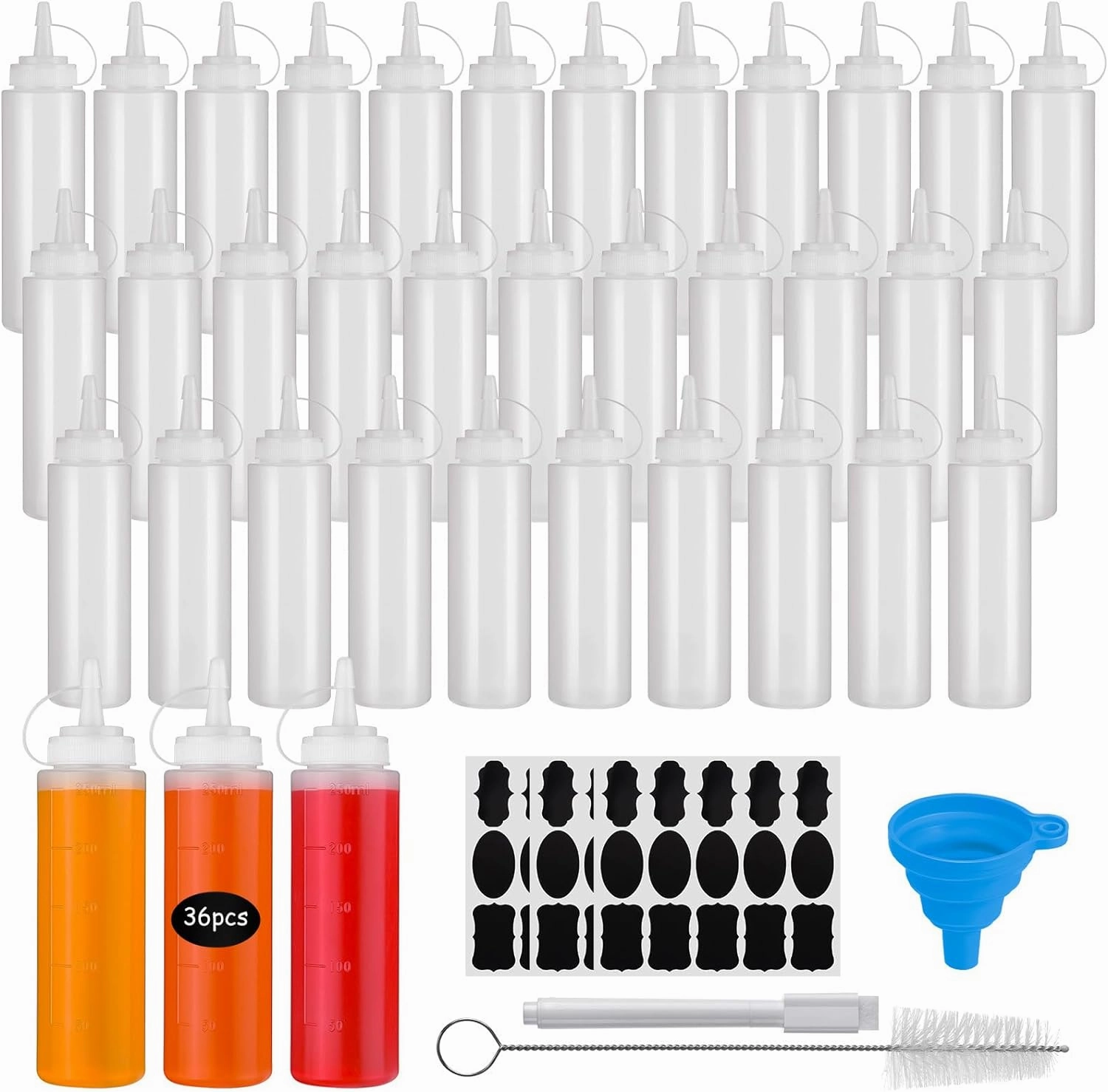 36 Pack 8 oz Condiment Squeeze Bottles Bulk, Plastic Leak Proof Multipurpose Sauces Ketchup Paint Squeeze Bottles with Tick Mark for Kitchen,BBQ,Oil,Dressing Camping Supplies