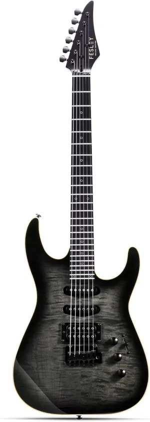 39" Solid Body Electric Guitar: Electric Guitar Kit with Bone Nut, Full Size 6 String Guitars with 24 Frets, Poplar Body AAA Flame Maple Top, Guitarra Electrica with HSS Ceramic Pickup,Black