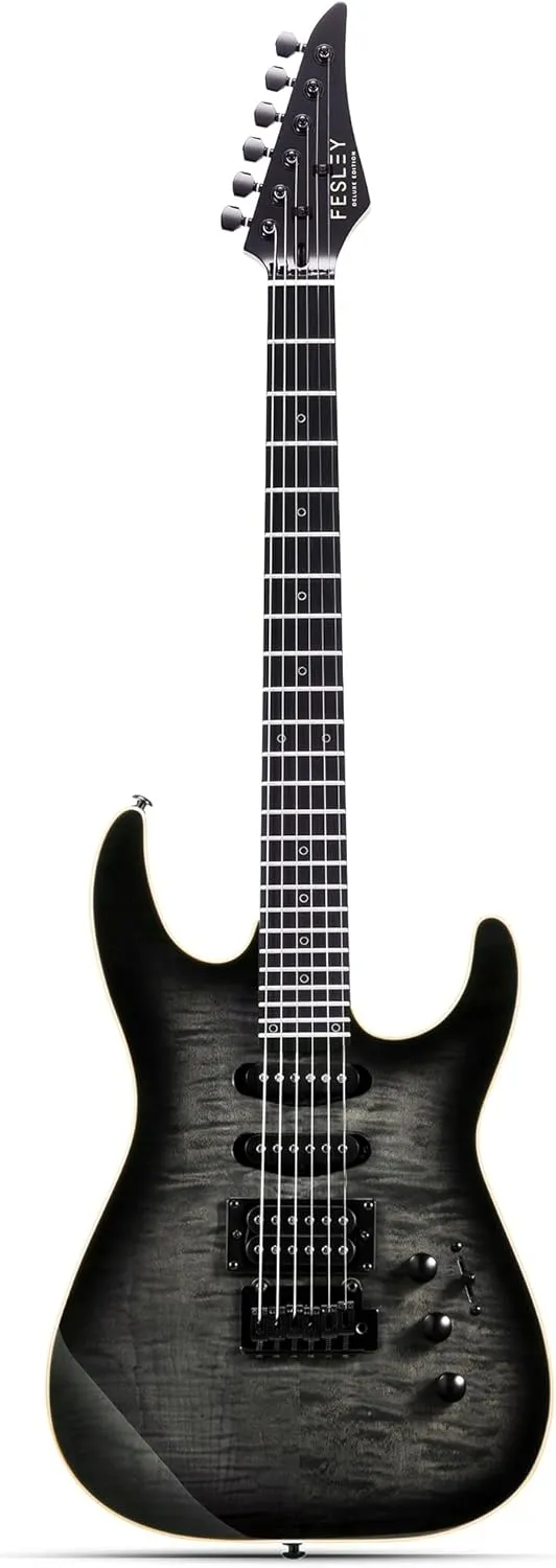 39" Solid Body Electric Guitar: Electric Guitar Kit with Bone Nut, Full Size 6 String Guitars with 24 Frets, Poplar Body AAA Flame Maple Top, Guitarra Electrica with HSS Ceramic Pickup,Black