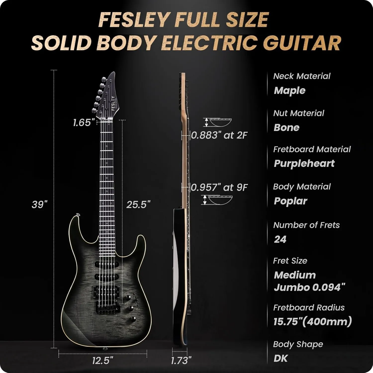 39" Solid Body Electric Guitar: Electric Guitar Kit with Bone Nut, Full Size 6 String Guitars with 24 Frets, Poplar Body AAA Flame Maple Top, Guitarra Electrica with HSS Ceramic Pickup,Black