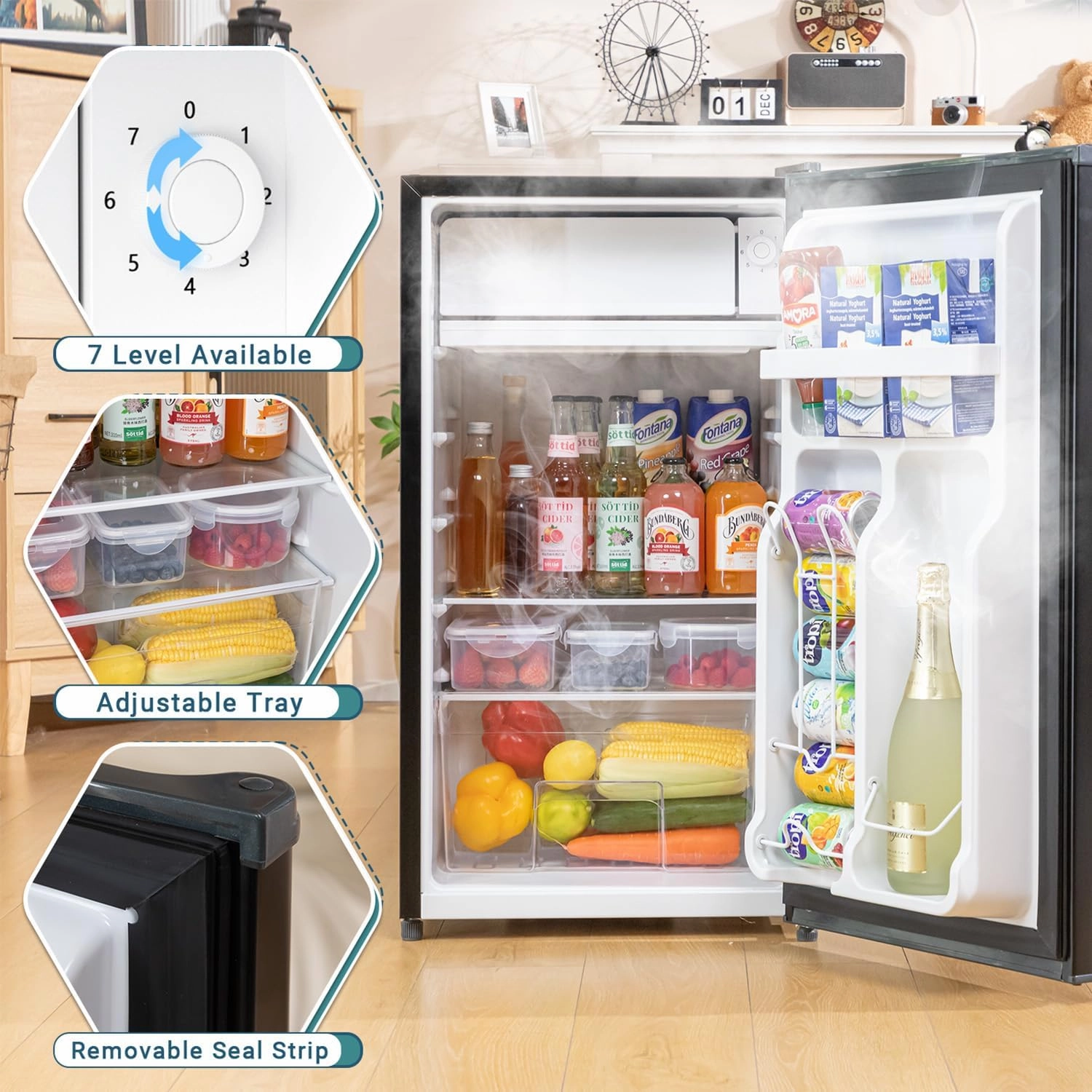 3.2 Cu.Ft Mini Fridge with Freezer, Single Door Mini Fridge, Adjustable Thermostat, Energy Saving Mini Refrigerator for Bedroom, Office, Dorm (Piano Black, 3.2 Cu.ft)